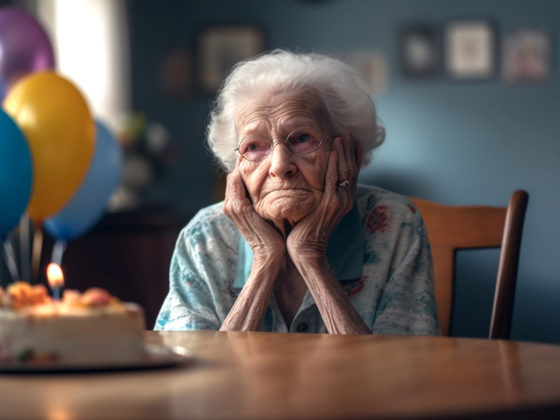 Eine alte Dame sitzt traurig an einem Tisch. Vor ihr eine Geburtstagstorte und hinter ihr mehrere bunte Luftballons.