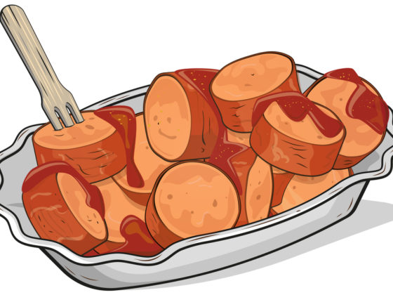 Eine Illustration einer Currywurst auf einem Pappteller mit Pieker.